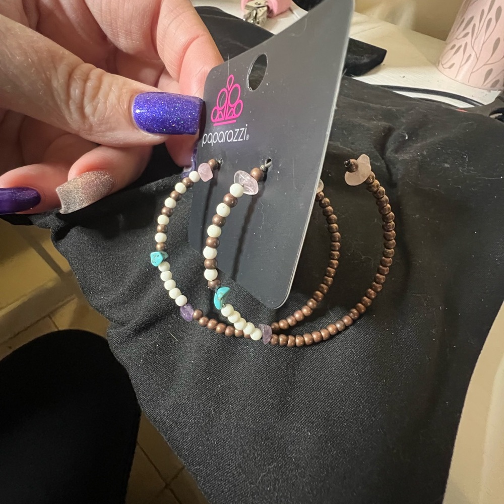 Paparazzi Brown, Turquoise, White and Purple Beaded Hoop Earrings